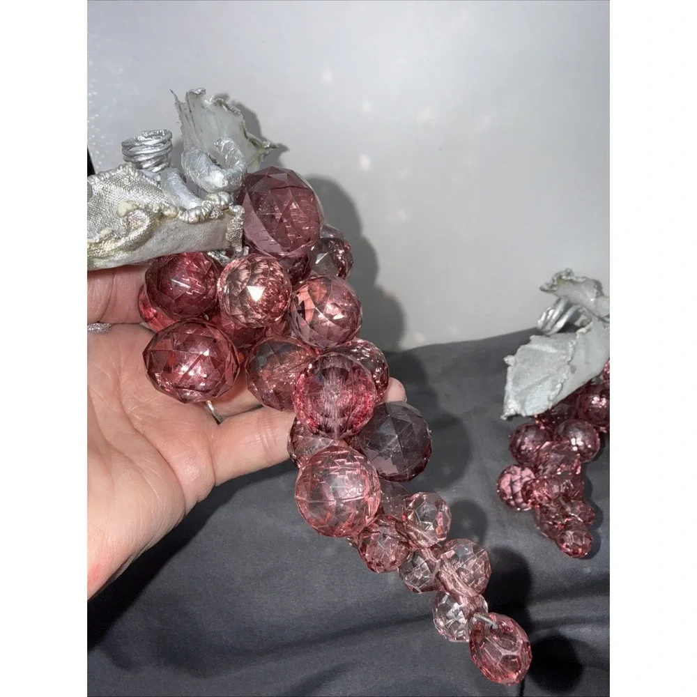 VTG Lucite Acrylic Faceted Grape Cluster Pinkish Silver Leaf Lot of 2